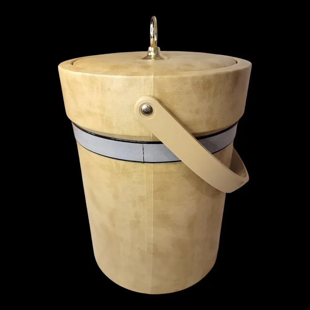 Vintage Tan Ice Bucket w/ Lid Swing Handle Fixed Liner Faux Leather Barware